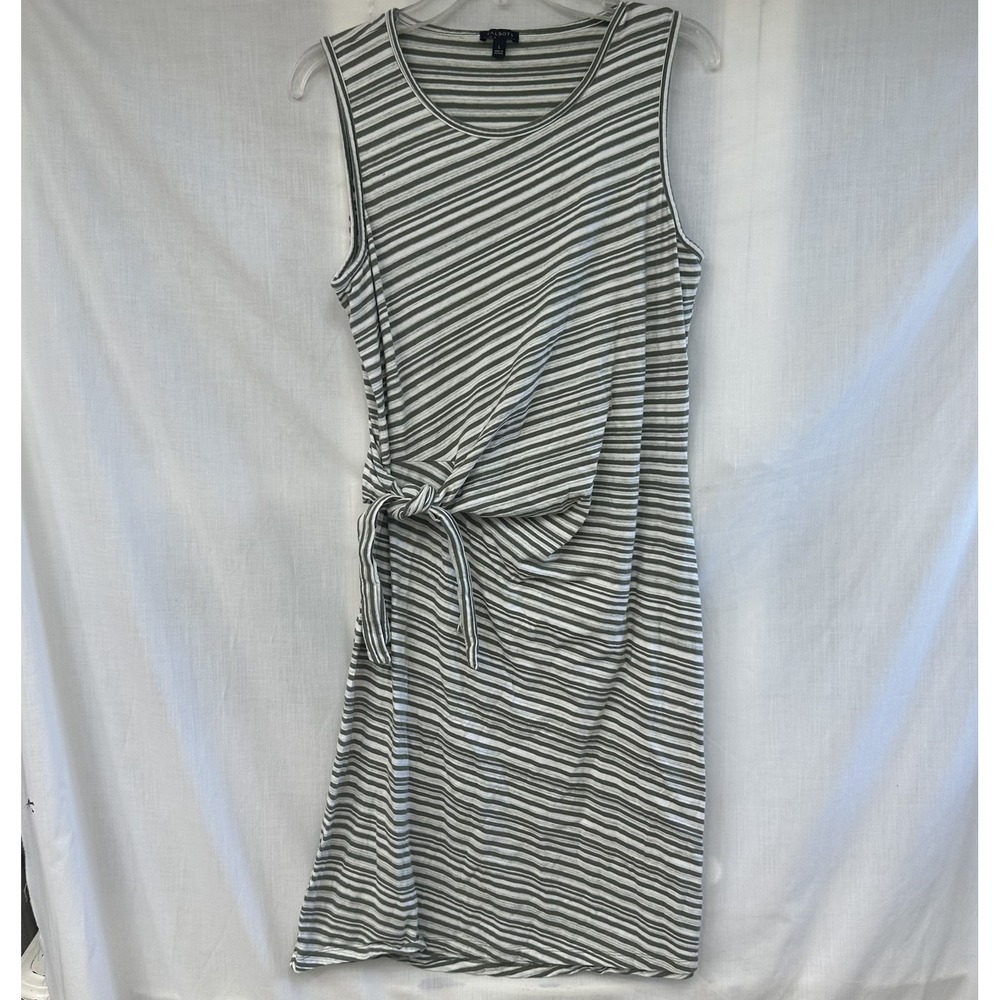 Talbots Dress Women's Large Tank Faux Wrap Olive Green Cream Stripes Cotton‎